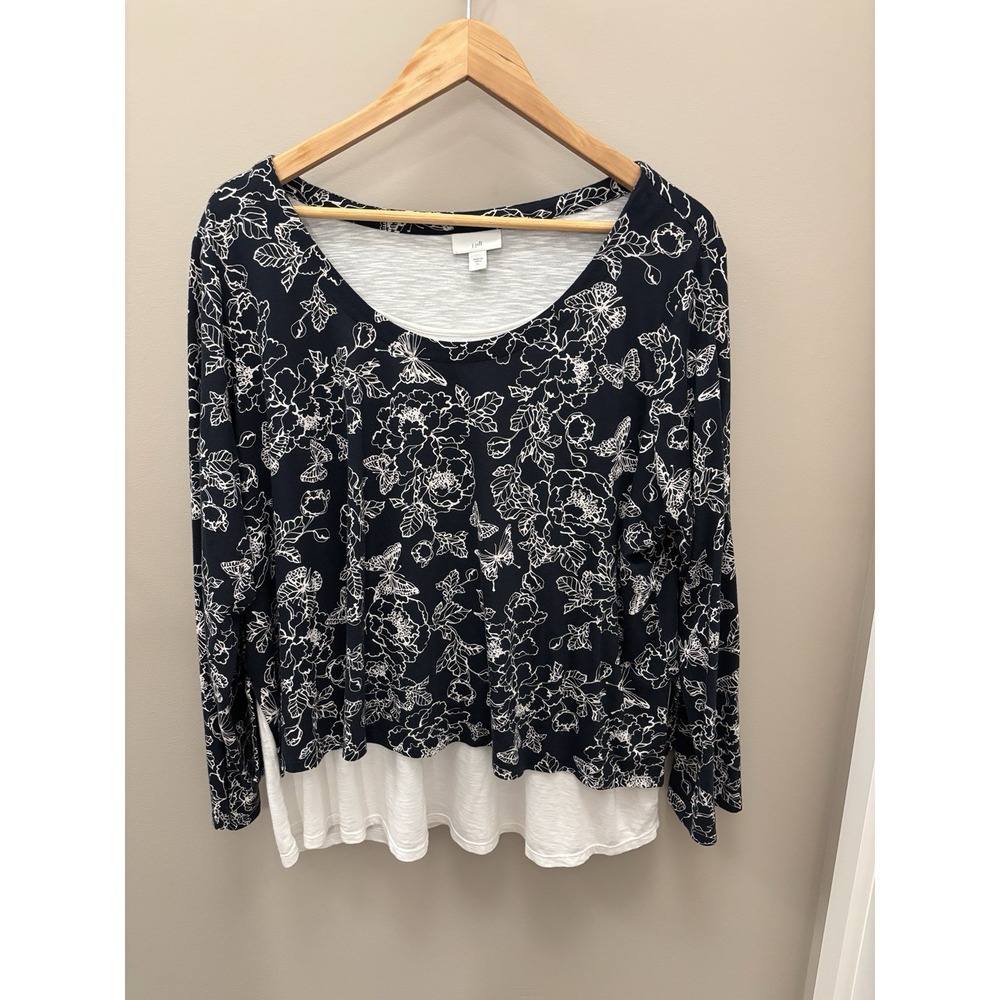 J Jill Layered Butterfly Top Womens XL Blue Floral Scoop Neck Cotton Blend